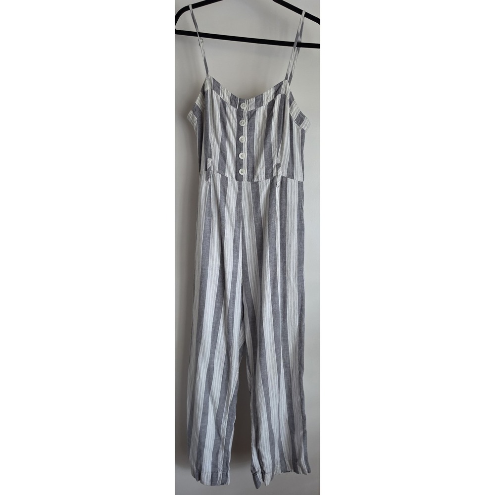Rails Jumpsuit Women L Grey White Striped Sleeveless Sweetheart Linen Romper